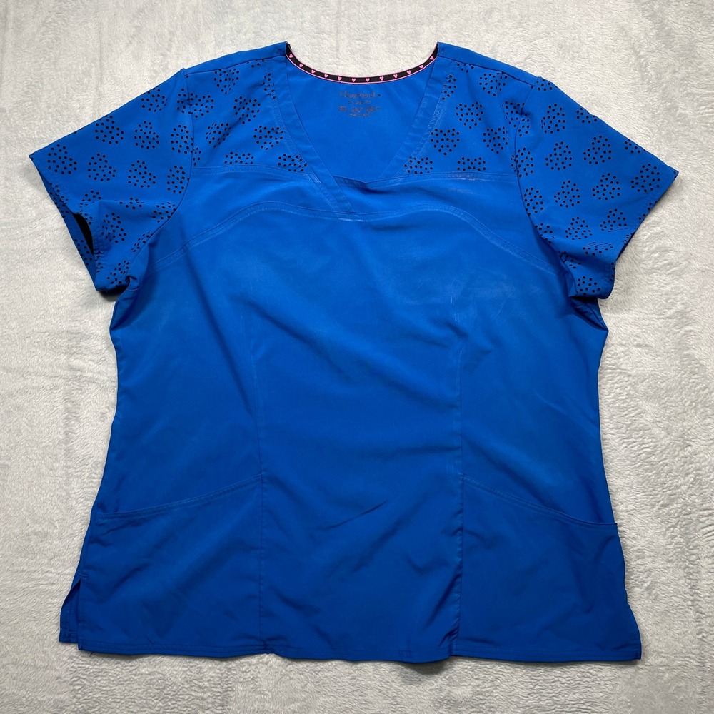Heartsoul Scrub Top Women 3XL Blue‎ V-Neck Laser Cut Heart Pockets